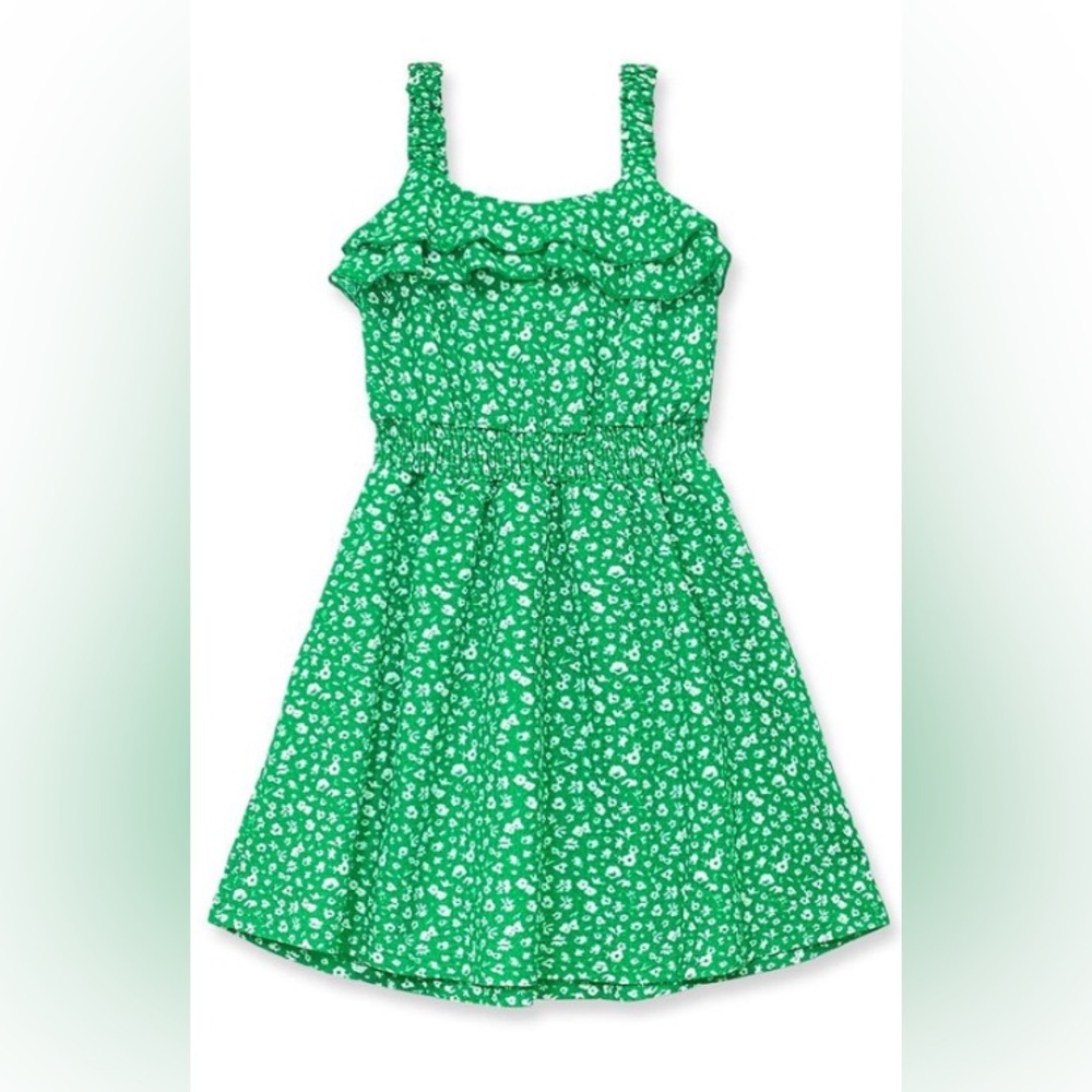Green Floral Sleeveless Ruffle Dress